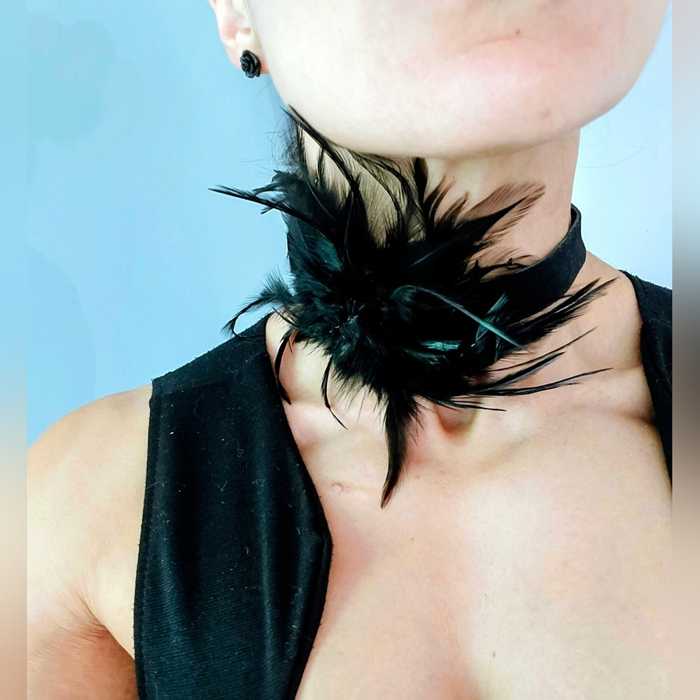Elegant Black Feather & Rhinestones Choker - Picture 7 of 11